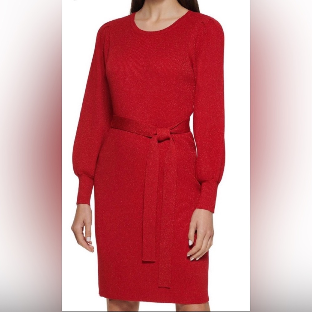 NWT. Calvin Klein Red Shimmer Belted Sweater Dress. Size XL